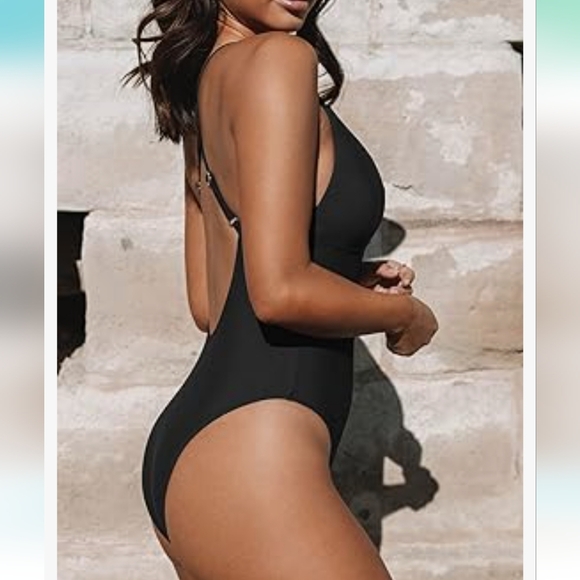 Cupshe One-Piece Bathing suit, Deep V front - black - Picture 3 of 16